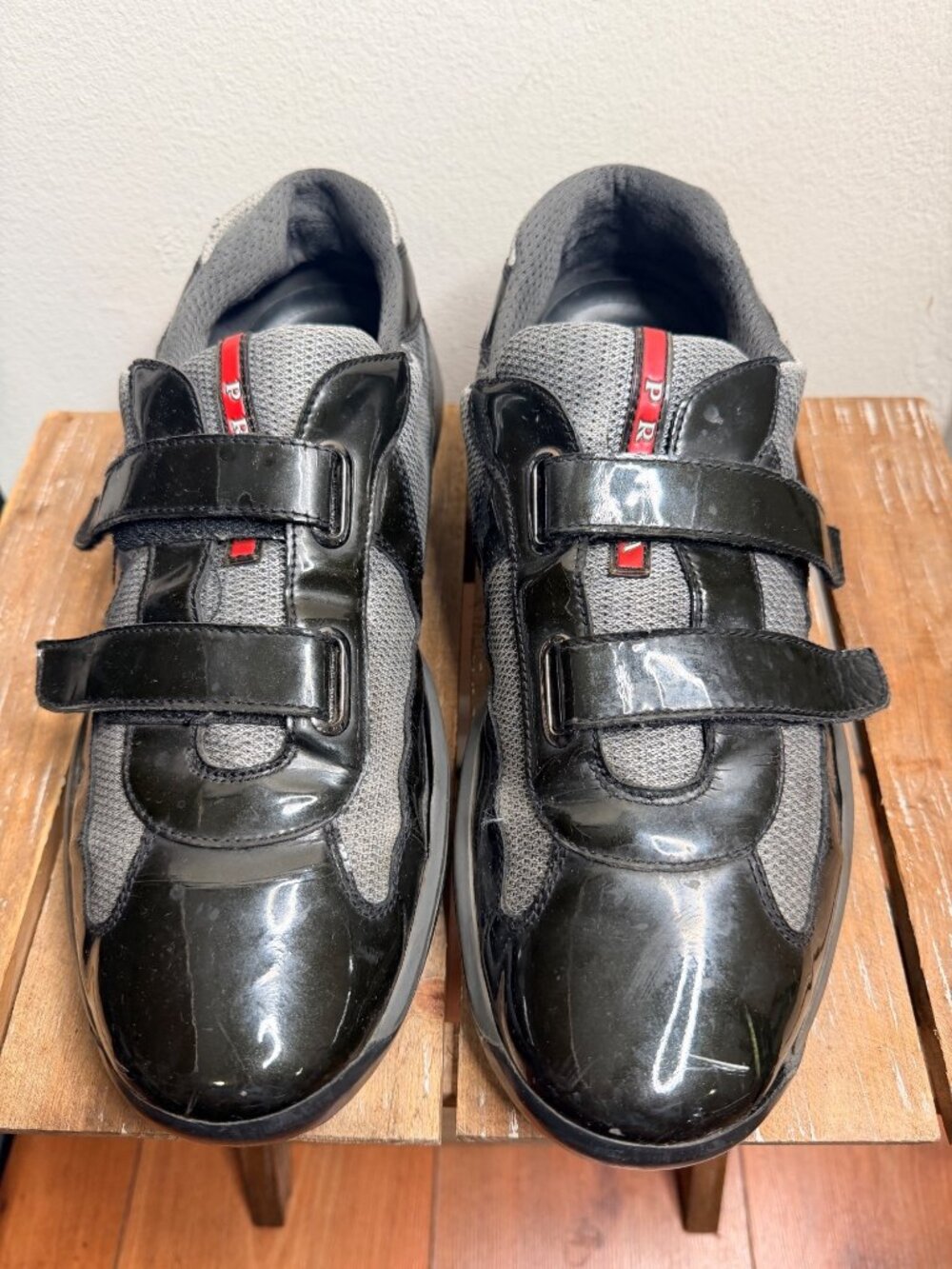 Prada America’s Cup Black Patent Leather Grey Mesh Double Velcro Sneakers